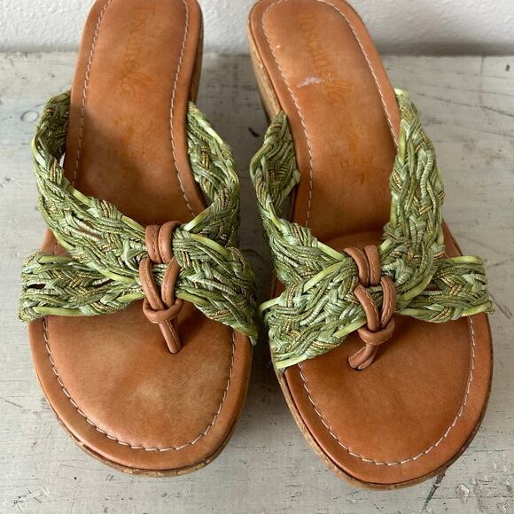 Toscanella leather and fabric platform cork flip flops made in Italy boho sage 7 - Picture 12 of 13